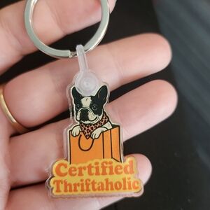Certified Thriftaholic Keychain With Frenchie And Shopping Bag